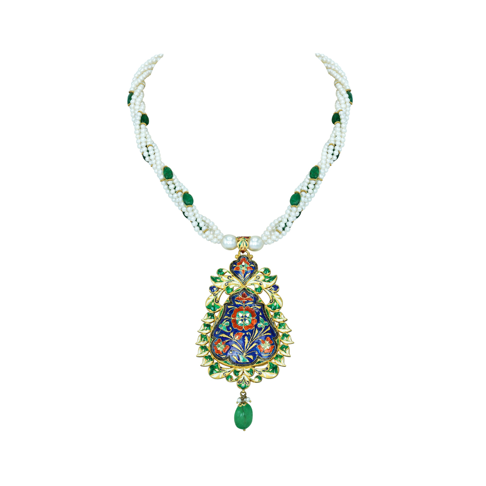 Krishna Polki Pendant Necklace Set with Pearls, Emeralds and Enamel